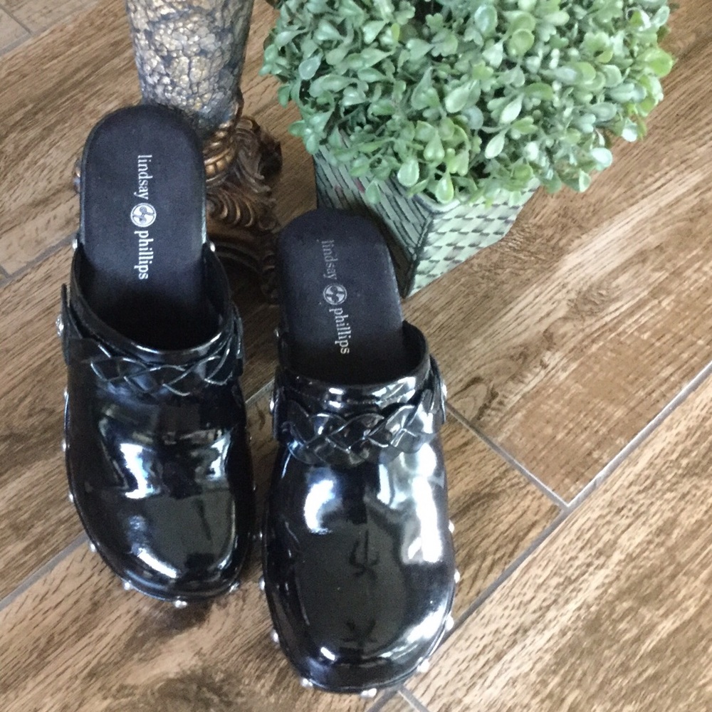 Black Patent slip on Clogs Lindsay Phillips